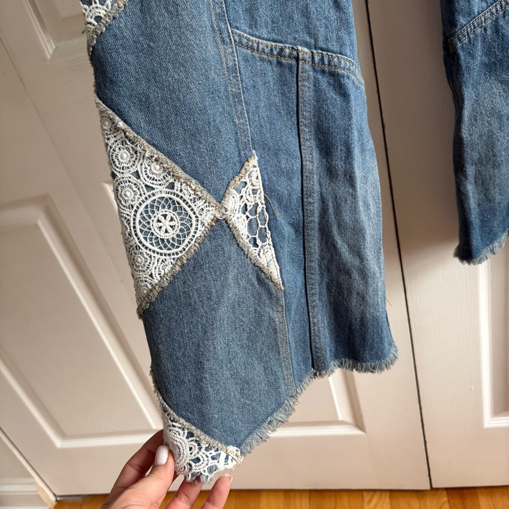Free People In My‎ Element Kaleidoscope Blue Patchwork Wide-Leg Jeans Lace 26 - Picture 4 of 11